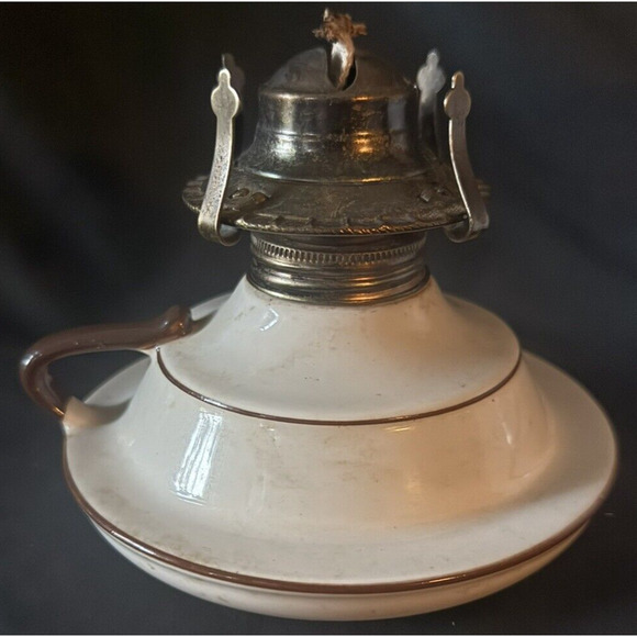 Vintage Lamplight Farms Oil Lamp Shade Stoneware Pottery Milk Glass Brown Ruffle - Picture 9 of 15